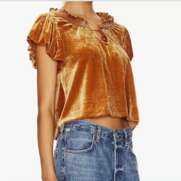 Free People Terese Velvet Top Pumpkin Pie Short Puff Sleeve Tasseled Tie Neck Ke - Picture 1 of 11